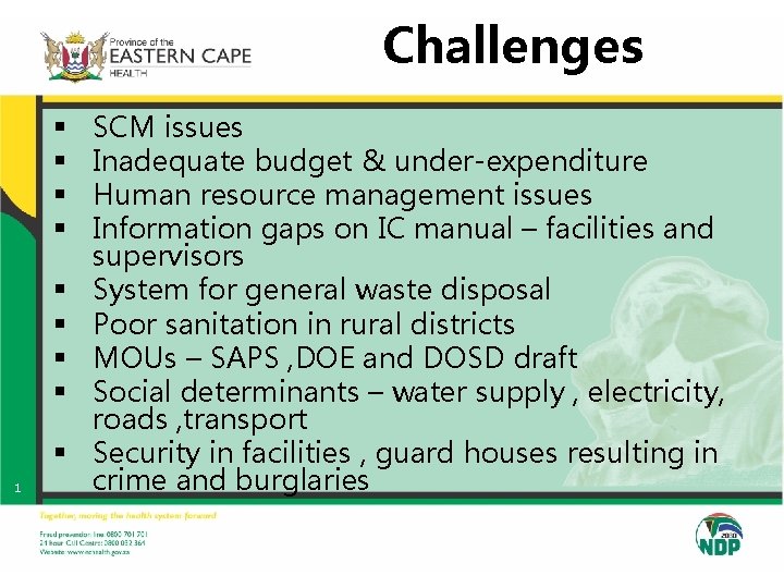 Challenges § § § § § 1 SCM issues Inadequate budget & under-expenditure Human Challenges § § § § § 1 SCM issues Inadequate budget & under-expenditure Human