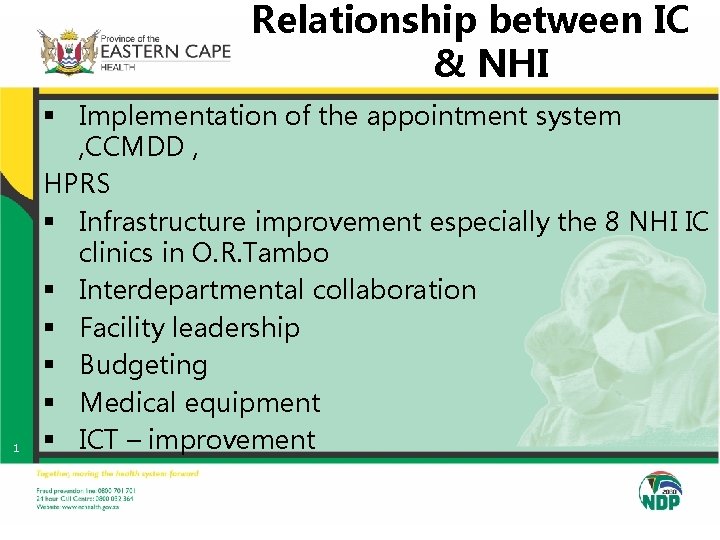 Relationship between IC & NHI 1 § Implementation of the appointment system , CCMDD Relationship between IC & NHI 1 § Implementation of the appointment system , CCMDD