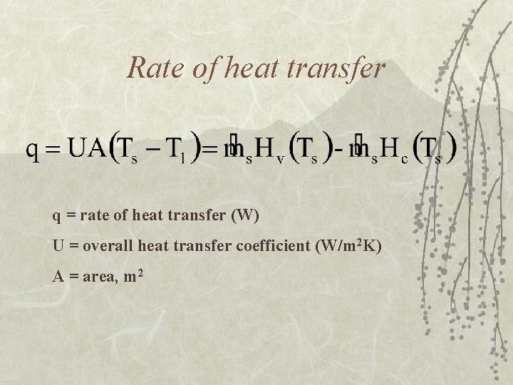 Rate of heat transfer q = rate of heat transfer (W) U = overall
