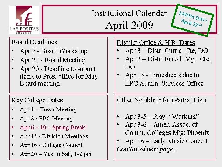 Institutional Calendar April 2009 EART HD April AY ! 22 nd Board Deadlines • Institutional Calendar April 2009 EART HD April AY ! 22 nd Board Deadlines •