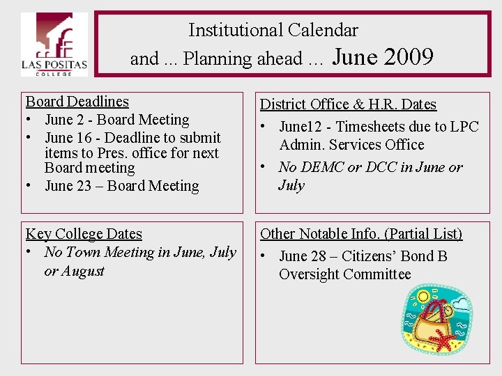 Institutional Calendar and. . . Planning ahead … June 2009 Board Deadlines • June Institutional Calendar and. . . Planning ahead … June 2009 Board Deadlines • June