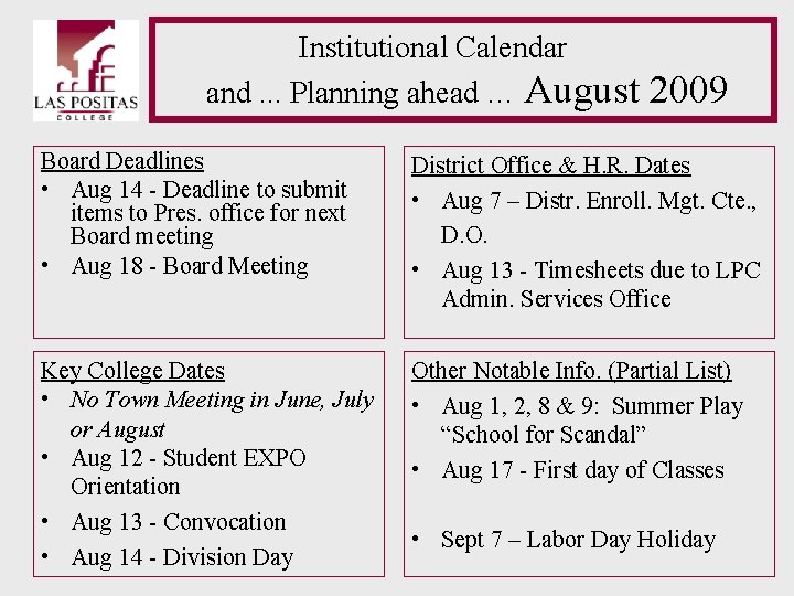 Institutional Calendar and. . . Planning ahead … August 2009 Board Deadlines • Aug Institutional Calendar and. . . Planning ahead … August 2009 Board Deadlines • Aug