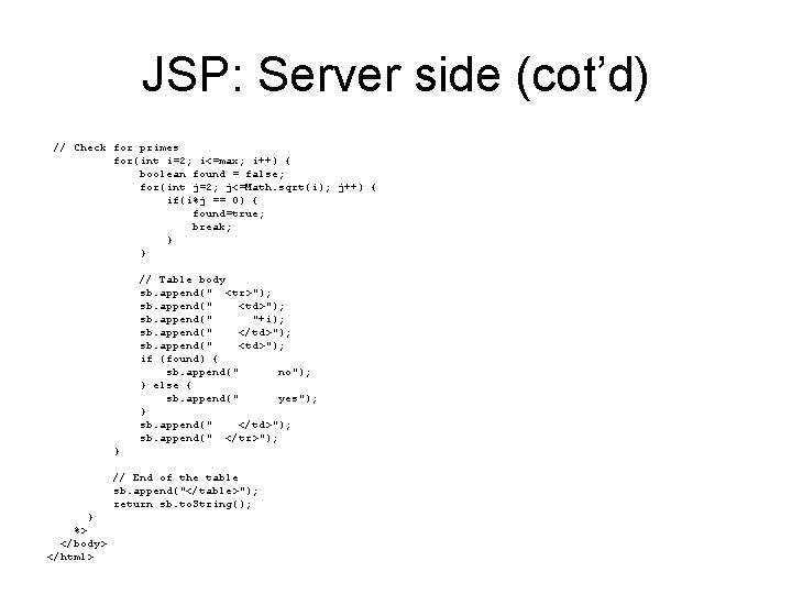 JSP: Server side (cot’d) // Check for primes for(int i=2; i<=max; i++) { boolean