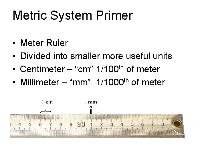 Metric System Primer • • Meter Ruler Divided into smaller more useful units Centimeter