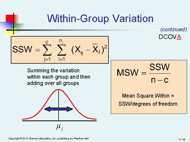 Within-Group Variation (continued) DCOVA Summing the variation within each group and then adding over