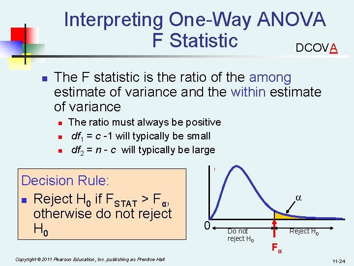 Interpreting One-Way ANOVA F Statistic DCOVA n The F statistic is the ratio of