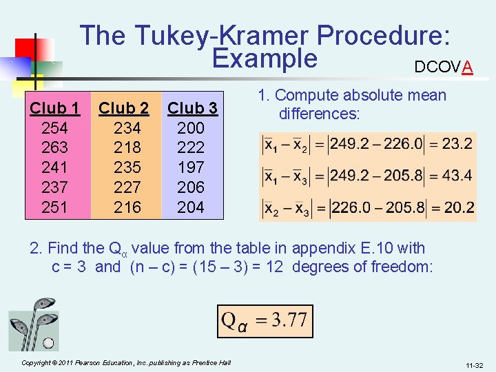 The Tukey-Kramer Procedure: Example DCOVA Club 1 Club 2 Club 3 254 234 200