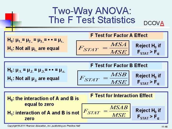 Two-Way ANOVA: The F Test Statistics H 0: μ 1. . = μ 2.