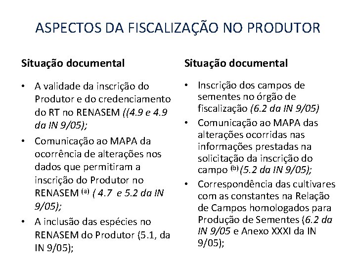 ASPECTOS DA FISCALIZAÇÃO NO PRODUTOR Situação documental • A validade da inscrição do Produtor