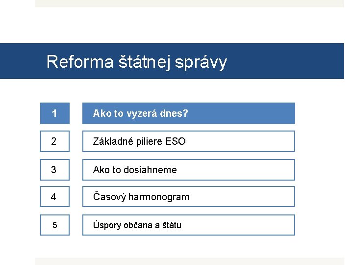 Reforma štátnej správy 1 Ako to vyzerá dnes? 2 Základné piliere ESO 3 Ako