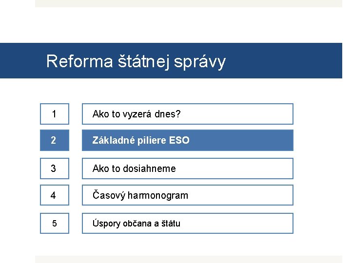 Reforma štátnej správy 1 Ako to vyzerá dnes? 2 Základné piliere ESO 3 Ako