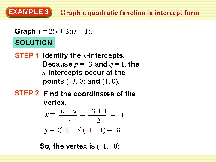 EXAMPLE 3 Graph a quadratic function in intercept form Graph y = 2(x +