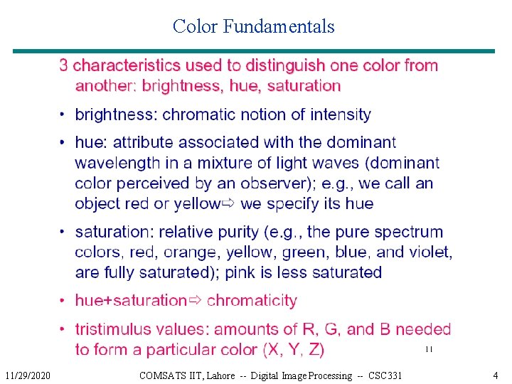 Color Fundamentals 11/29/2020 COMSATS IIT, Lahore -- Digital Image Processing -- CSC 331 4