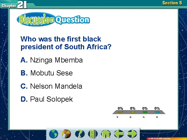 Who was the first black president of South Africa? A. Nzinga Mbemba B. Mobutu