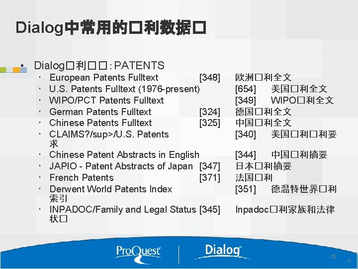 Dialog中常用的�利数据� • Dialog�利��：PATENTS European Patents Fulltext [348] U. S. Patents Fulltext (1976 -present) WIPO/PCT