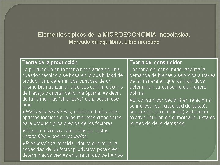 Elementos típicos de la MICROECONOMIA neoclásica. Mercado en equilibrio. Libre mercado Teoría de la