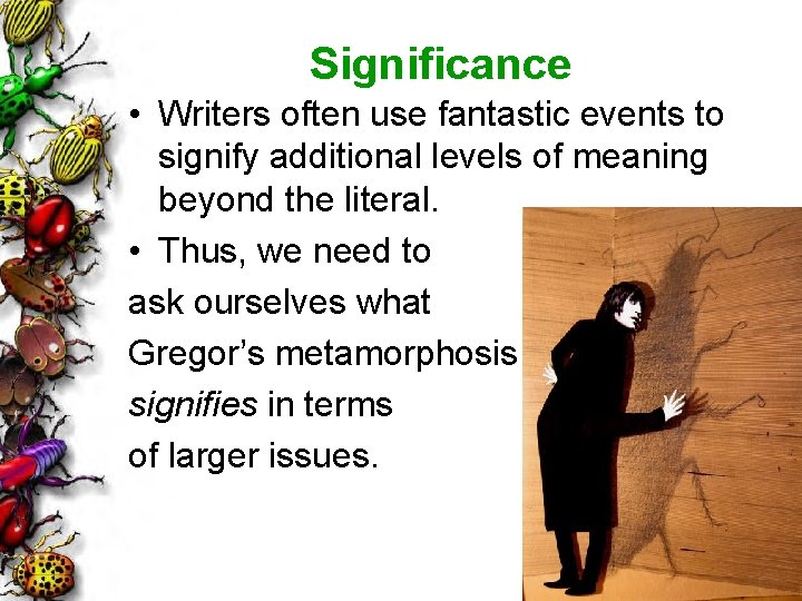 Significance • Writers often use fantastic events to signify additional levels of meaning beyond