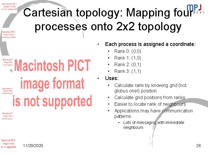 Cartesian topology: Mapping four processes onto 2 x 2 topology • Each process is Cartesian topology: Mapping four processes onto 2 x 2 topology • Each process is