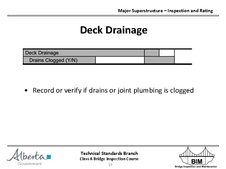 Major Superstructure – Inspection and Rating Deck Drainage • Record or verify if drains