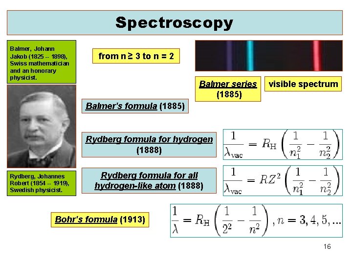 Spectroscopy Balmer, Johann Jakob (1825 -- 1898), Swiss mathematician and an honorary physicist. from