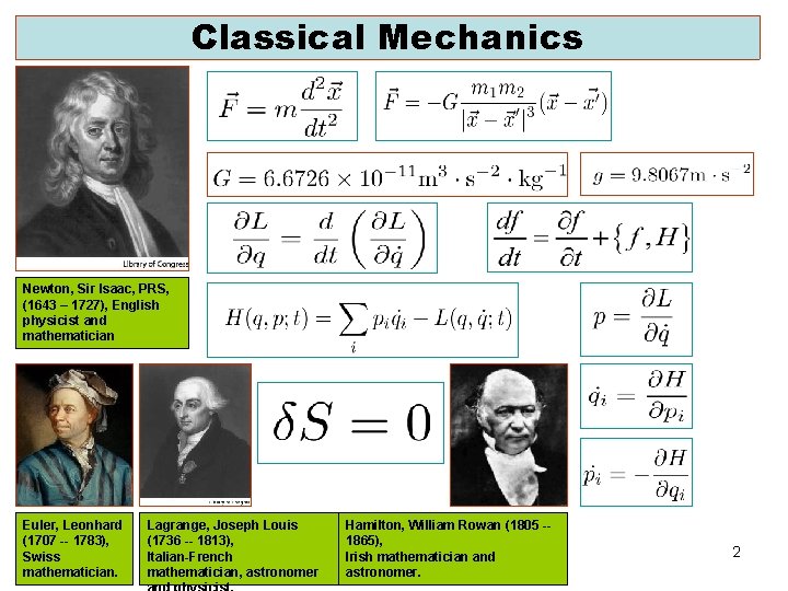 Classical Mechanics Newton, Sir Isaac, PRS, (1643 – 1727), English physicist and mathematician Euler,