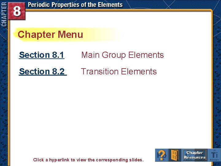 Chapter Menu Section 8. 1 Main Group Elements Section 8. 2 Transition Elements Click