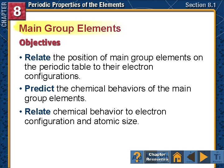 Main Group Elements • Relate the position of main group elements on the periodic