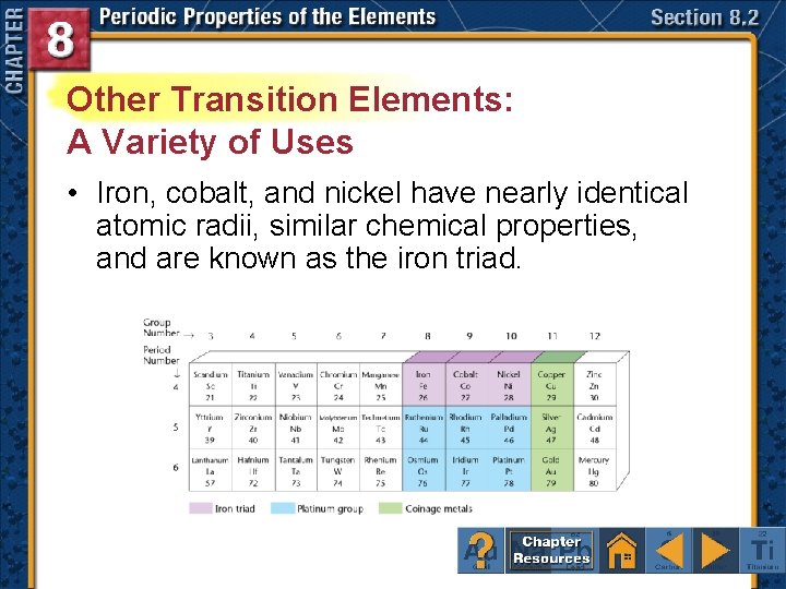 Other Transition Elements: A Variety of Uses • Iron, cobalt, and nickel have nearly
