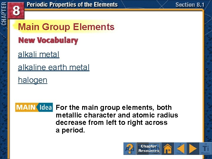 Main Group Elements alkali metal alkaline earth metal halogen For the main group elements,