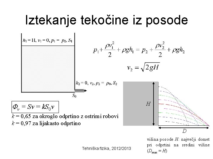 Iztekanje tekočine iz posode H Fv = Sv = k. S 0 v k