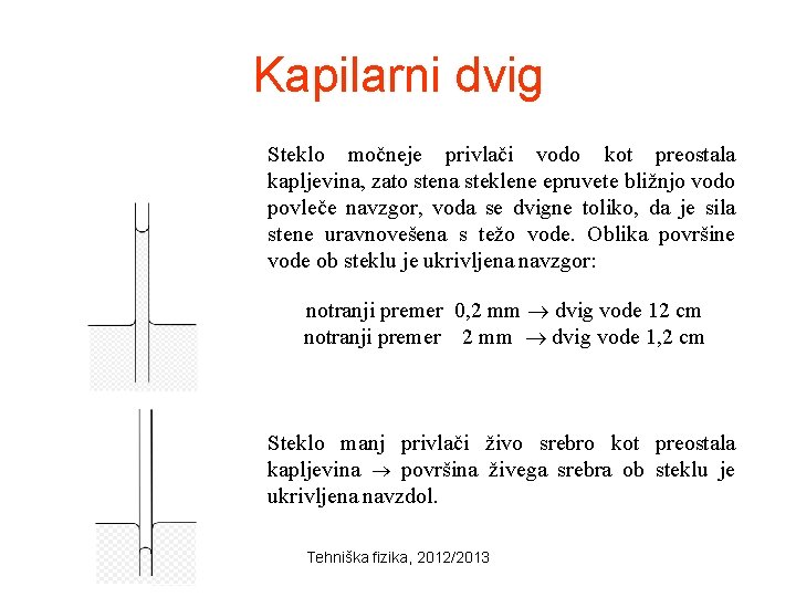 Kapilarni dvig Steklo močneje privlači vodo kot preostala kapljevina, zato stena steklene epruvete bližnjo