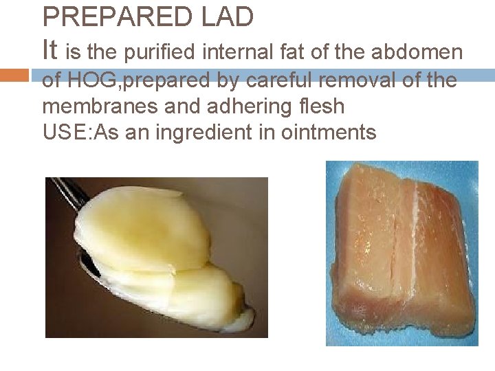 PREPARED LAD It is the purified internal fat of the abdomen of HOG, prepared