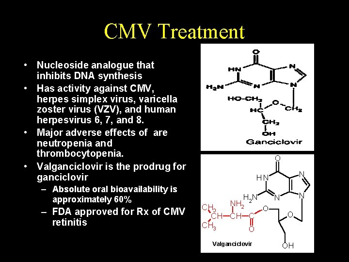 CMV Treatment • Nucleoside analogue that inhibits DNA synthesis • Has activity against CMV,