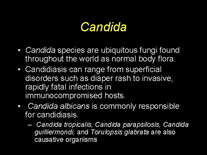 Candida • Candida species are ubiquitous fungi found throughout the world as normal body