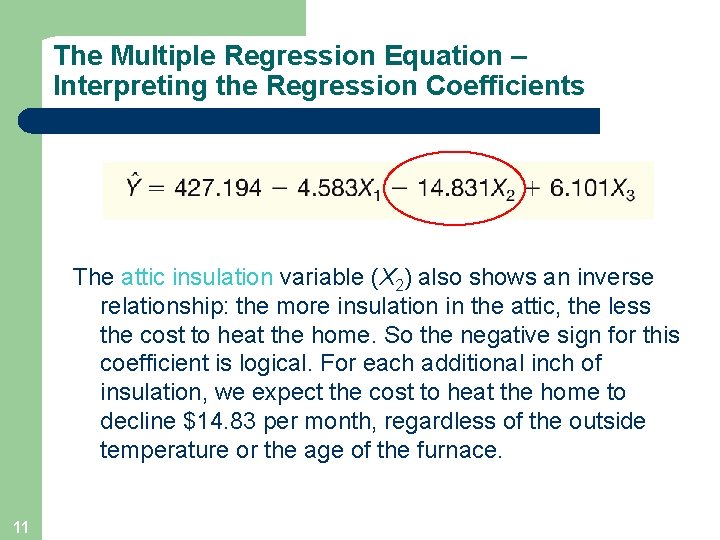 The Multiple Regression Equation – Interpreting the Regression Coefficients The attic insulation variable (X