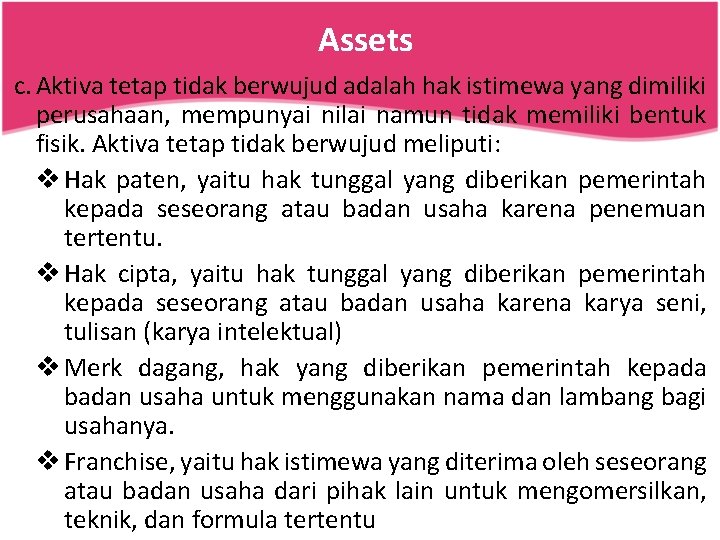 Assets c. Aktiva tetap tidak berwujud adalah hak istimewa yang dimiliki perusahaan, mempunyai nilai