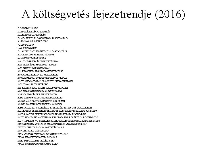 A költségvetés fejezetrendje (2016) I. ORSZÁGGYŰLÉS II. KÖZTÁRSASÁGI ELNÖKSÉG III. ALKOTMÁNYBÍRÓSÁG IV. ALAPVETŐ JOGOK