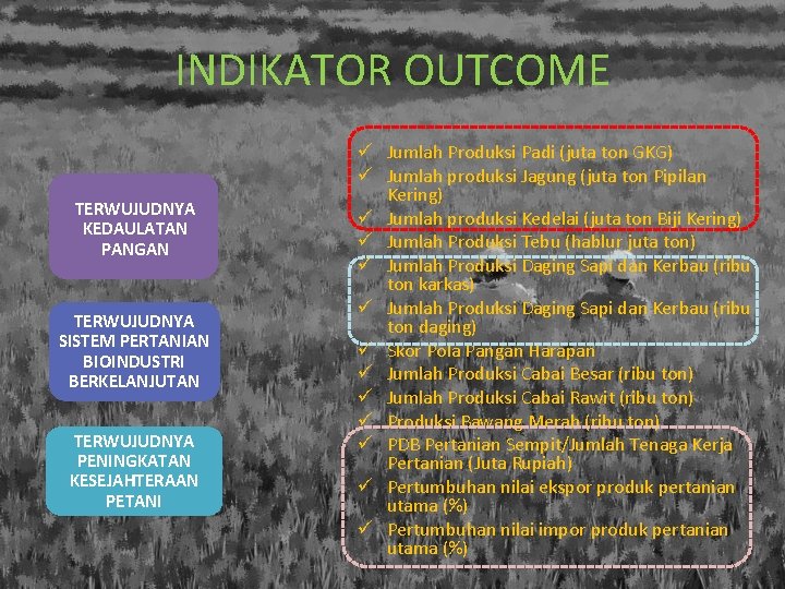 INDIKATOR OUTCOME TERWUJUDNYA KEDAULATAN PANGAN TERWUJUDNYA SISTEM PERTANIAN BIOINDUSTRI BERKELANJUTAN TERWUJUDNYA PENINGKATAN KESEJAHTERAAN PETANI