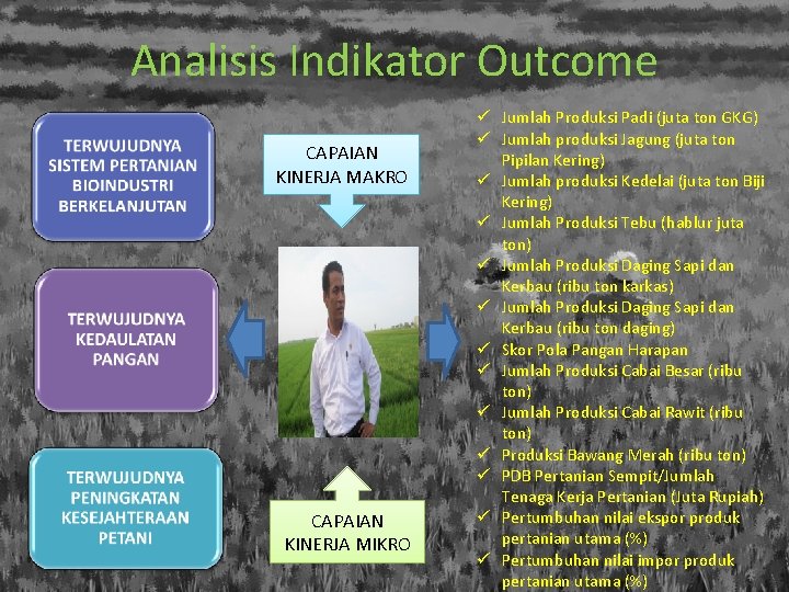 Analisis Indikator Outcome CAPAIAN KINERJA MAKRO CAPAIAN KINERJA MIKRO ü Jumlah Produksi Padi (juta