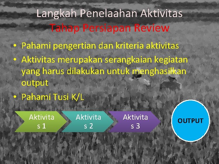 Langkah Penelaahan Aktivitas Tahap Persiapan Review • Pahami pengertian dan kriteria aktivitas • Aktivitas