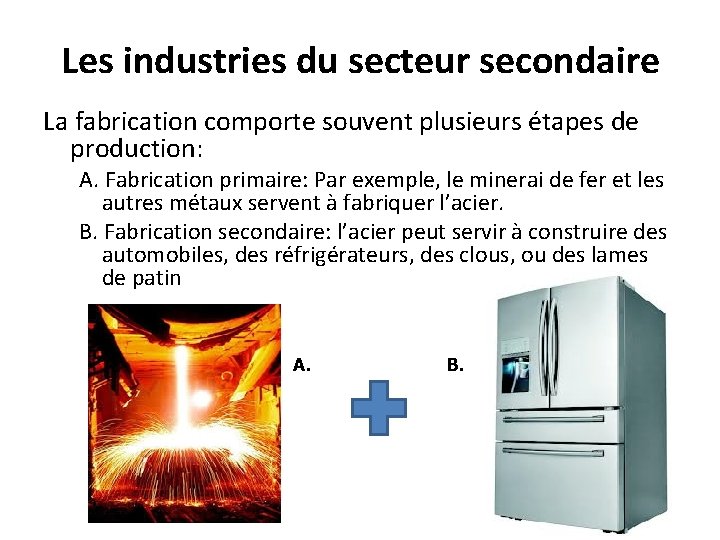 Les industries du secteur secondaire La fabrication comporte souvent plusieurs étapes de production: A.