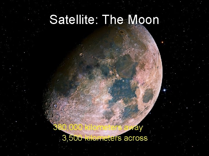Satellite: The Moon 380, 000 kilometers away 3, 500 kilometers across Satellite: The Moon 380, 000 kilometers away 3, 500 kilometers across