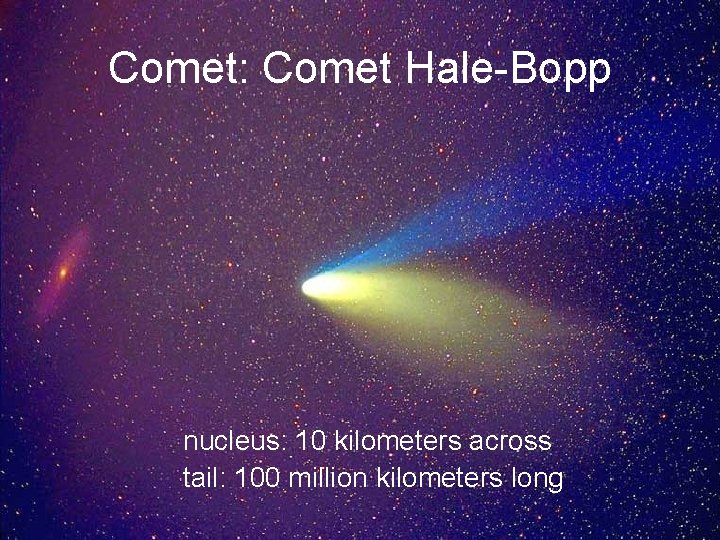 Comet: Comet Hale-Bopp nucleus: 10 kilometers across tail: 100 million kilometers long 