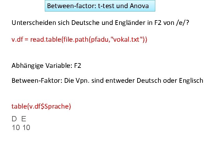 Between-factor: t-test und Anova Unterscheiden sich Deutsche und Engländer in F 2 von /e/?