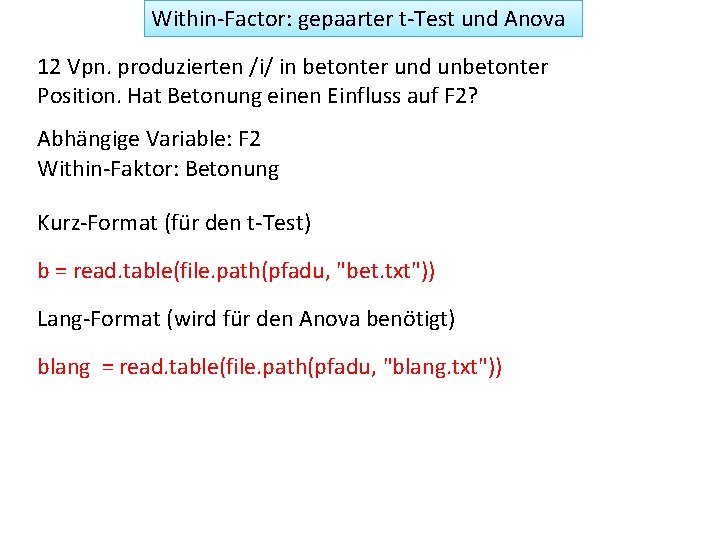 Within-Factor: gepaarter t-Test und Anova 12 Vpn. produzierten /i/ in betonter und unbetonter Position.