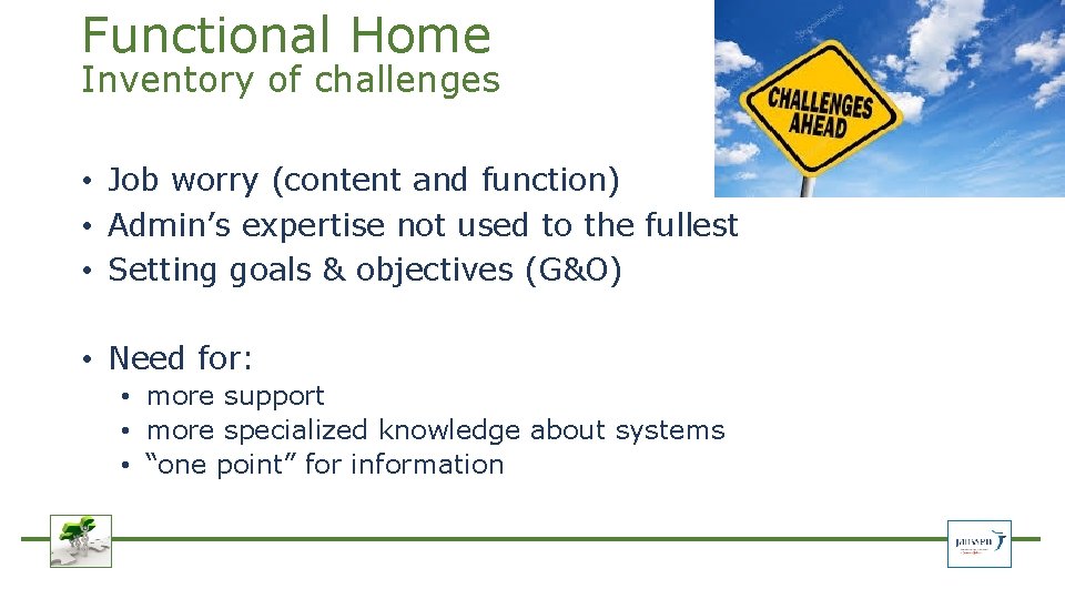 Functional Home Inventory of challenges • Job worry (content and function) • Admin’s expertise