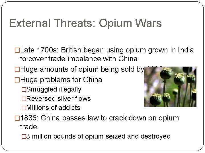 External Threats: Opium Wars �Late 1700 s: British began using opium grown in India External Threats: Opium Wars �Late 1700 s: British began using opium grown in India