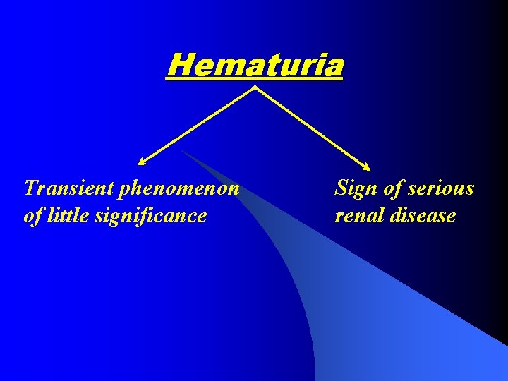 Hematuria Transient phenomenon of little significance Sign of serious renal disease 