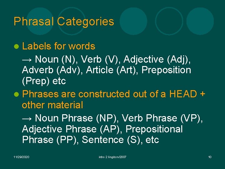 Phrasal Categories l Labels for words → Noun (N), Verb (V), Adjective (Adj), Adverb Phrasal Categories l Labels for words → Noun (N), Verb (V), Adjective (Adj), Adverb