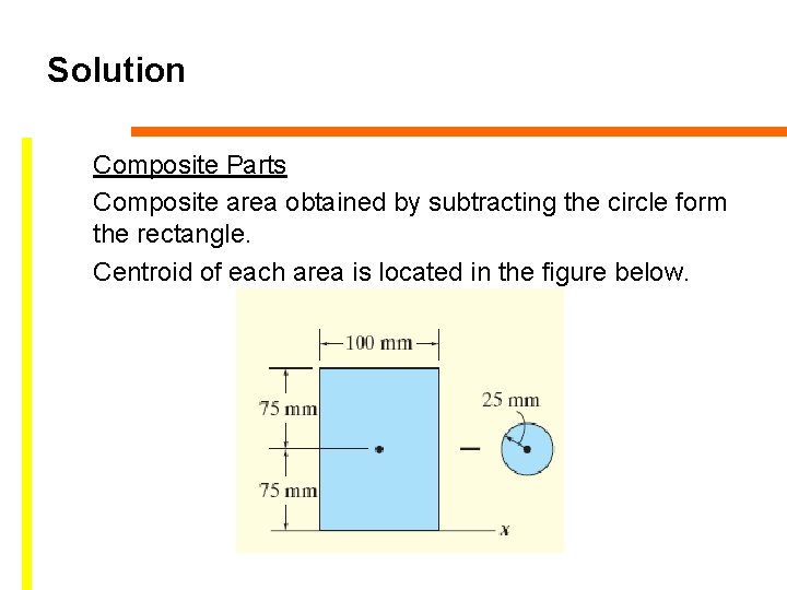 Solution Composite Parts Composite area obtained by subtracting the circle form the rectangle. Centroid